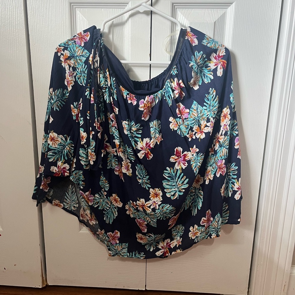 Navy Floral V-Neck Women’s Top open shoulder